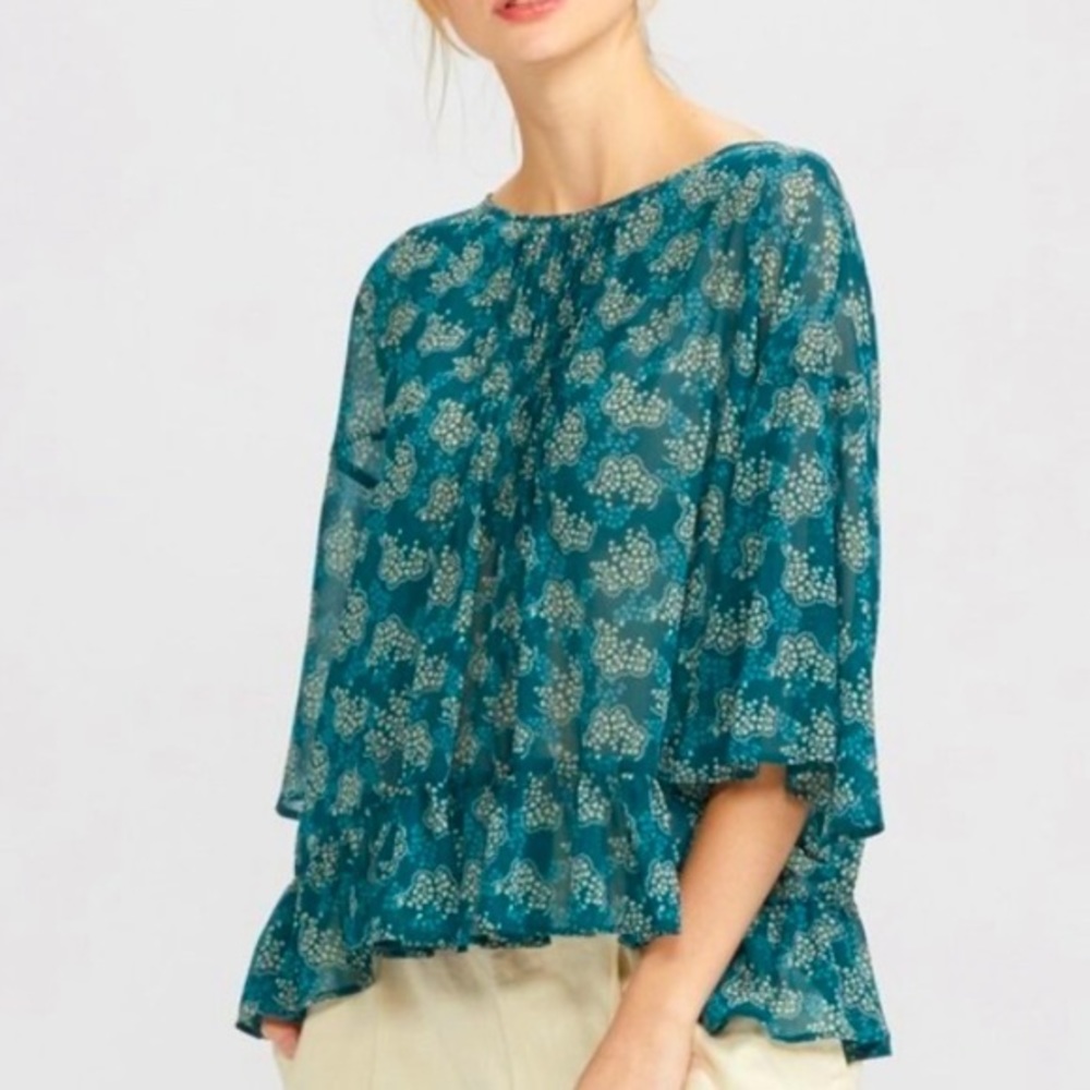 NWT Anna Sui for Uniqlo Blue Floral Sheer Top Size S Color Blue Green White